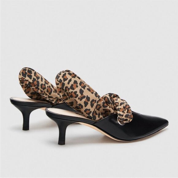 Zara Kitten Heel Pointy Slingback Leopard Scarf Black Leather Pumps Size 37 - Picture 4 of 11